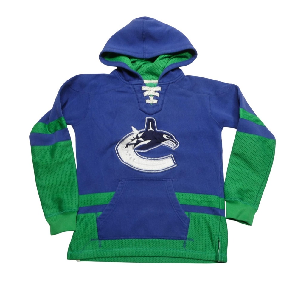 Vancouver Canucks Hoodie Boys Small 8 Blue Green Pullover NHL Hockey Lace Up CCM